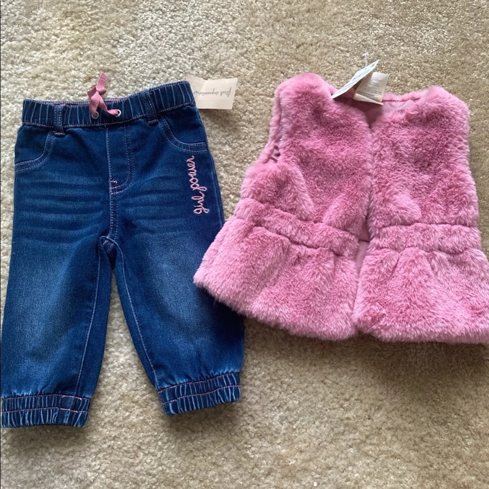 Infant girl faux fur vest and jean outfit